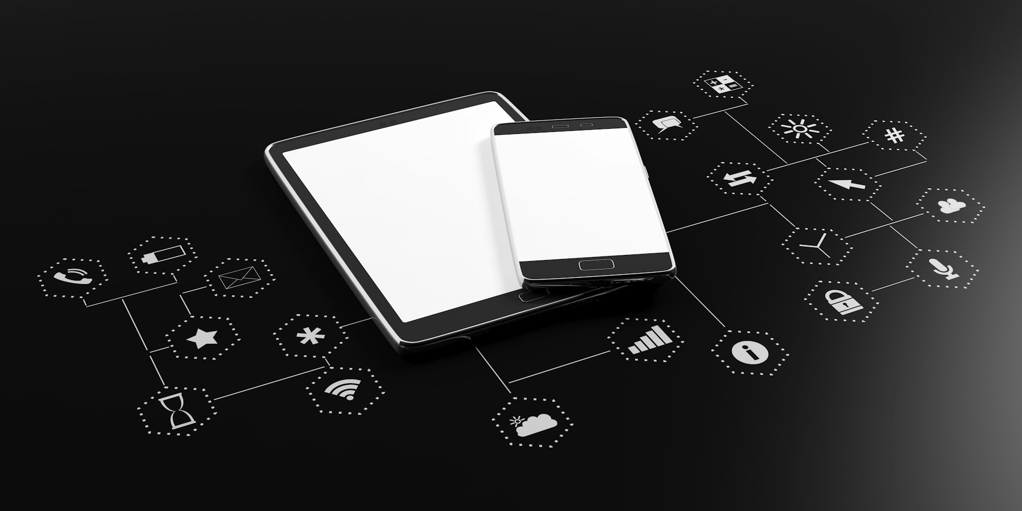 Smartphone, tablet with blank screen on black background with app icons. 3d illustration