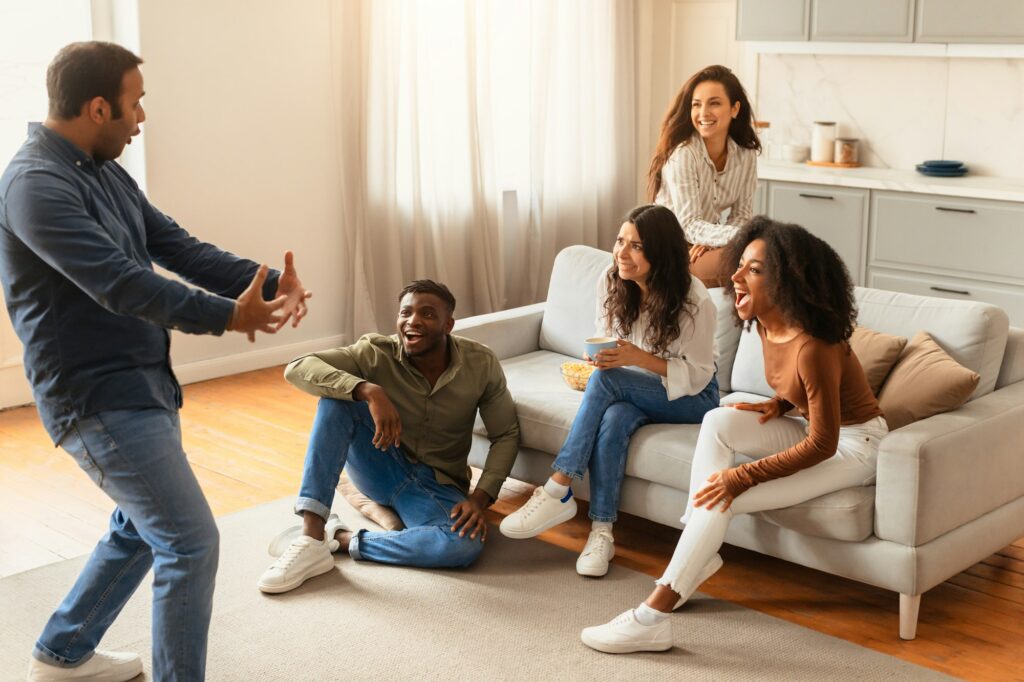 Group of friends enjoying storytelling and reactions